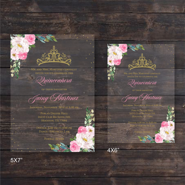 Pink Floral and Gold Crown Quinceanera Acrylic Invitation