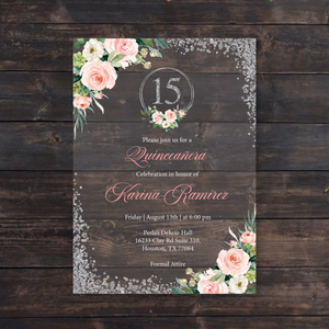 Pink Floral and Silver Glitter Quinceanera Acrylic Invitation