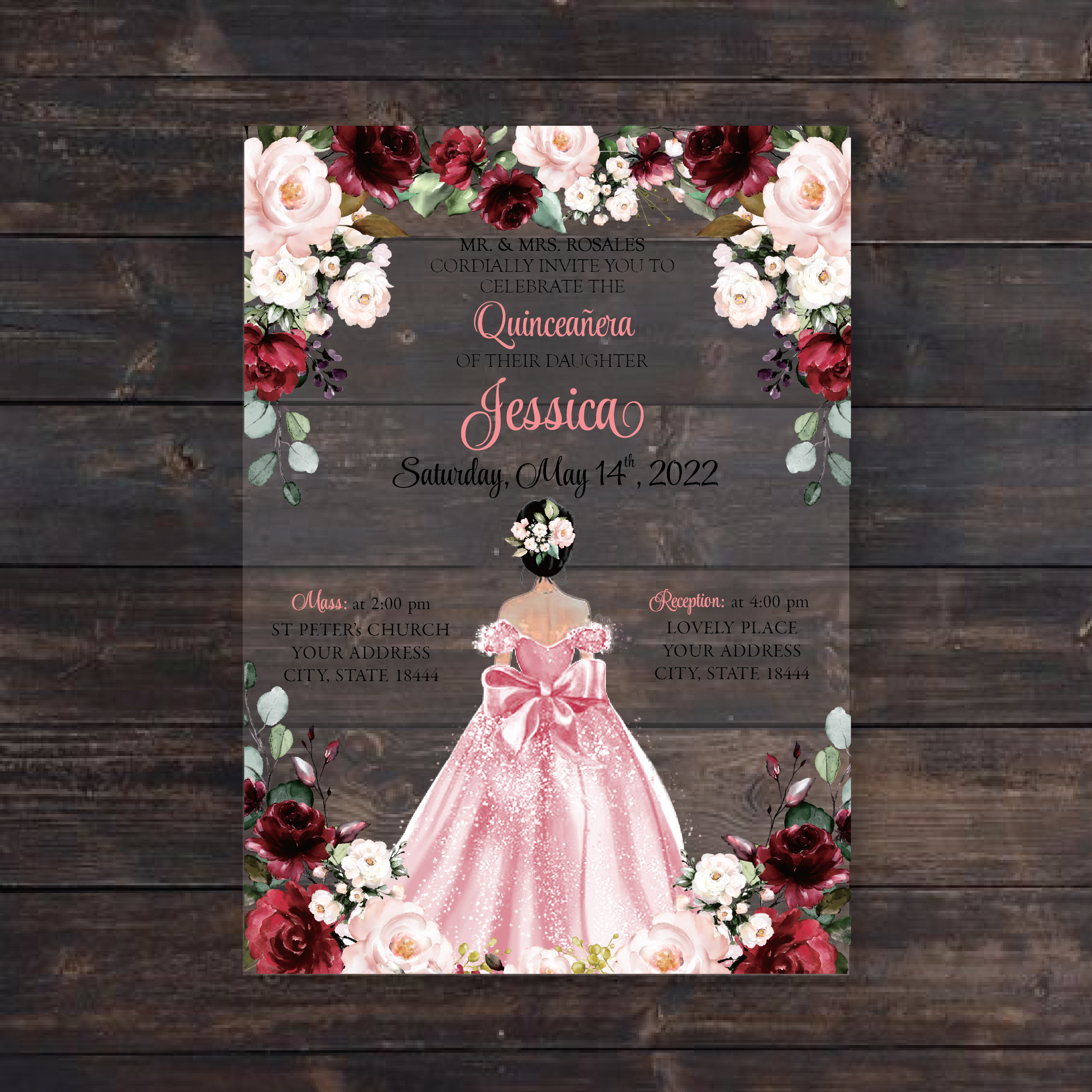 Pink Quinceanera with Burgundy and Pink Floral Acrylic Invitation