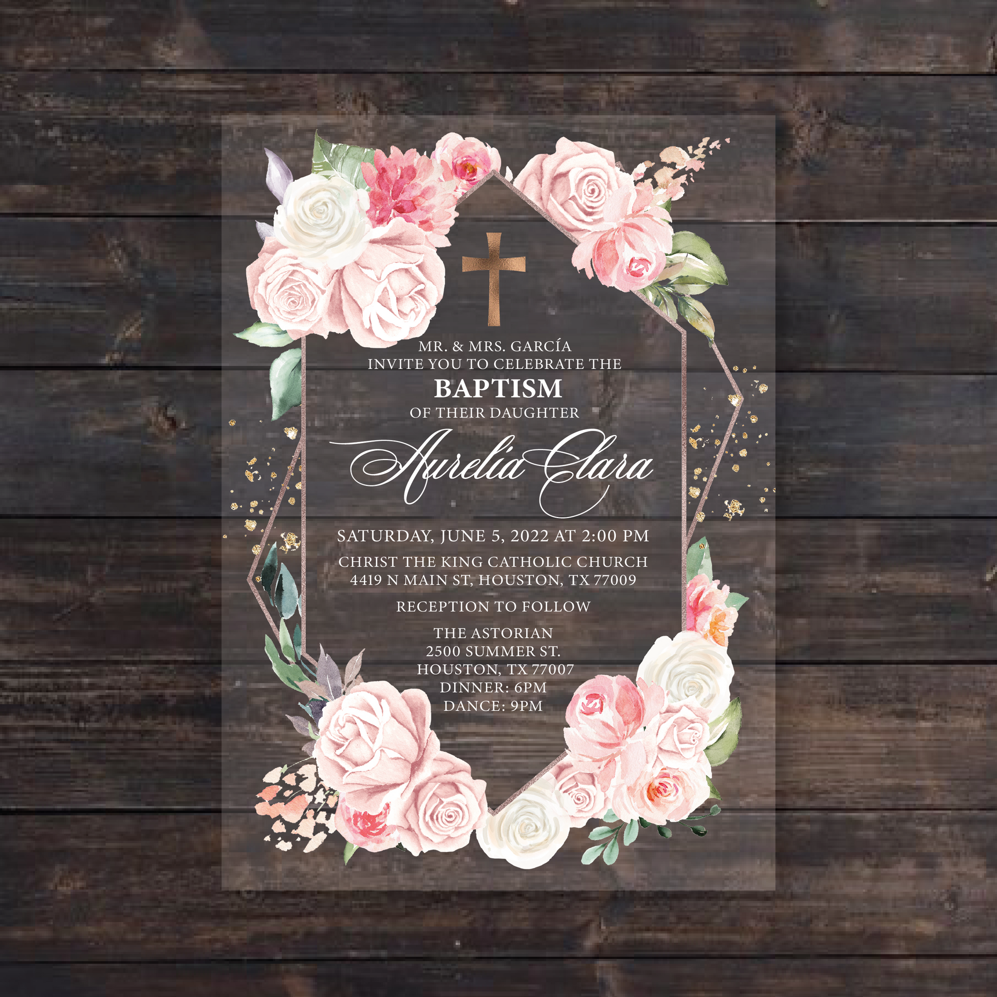 Pink and White Floral with Greenery Baptism Acrylic Invitation