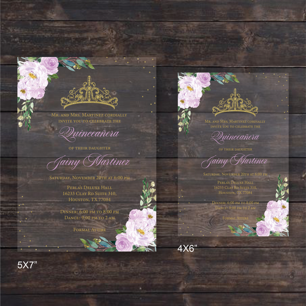 Light Purple Floral and Gold Crown Quinceanera Acrylic Invitation