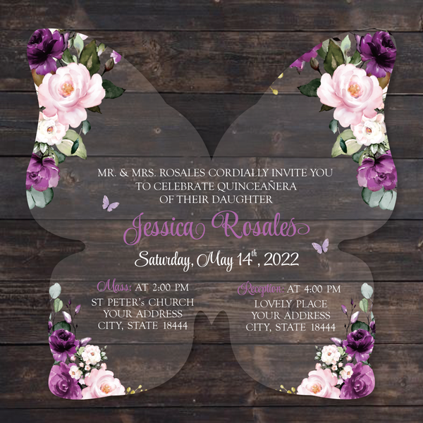 Purple Floral Butterfly Shaped Acrylic Invitation
