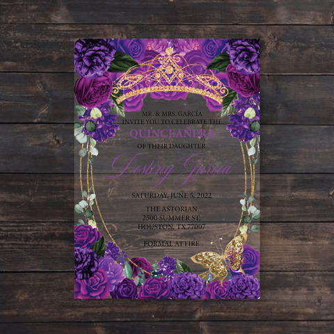 Purple Floral Frame with Gold Crown Acrylic Invitation