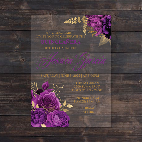 Purple and Gold Floral Acrylic Invitation