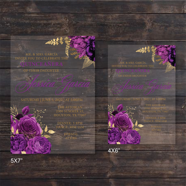 Purple and Gold Floral Acrylic Invitation
