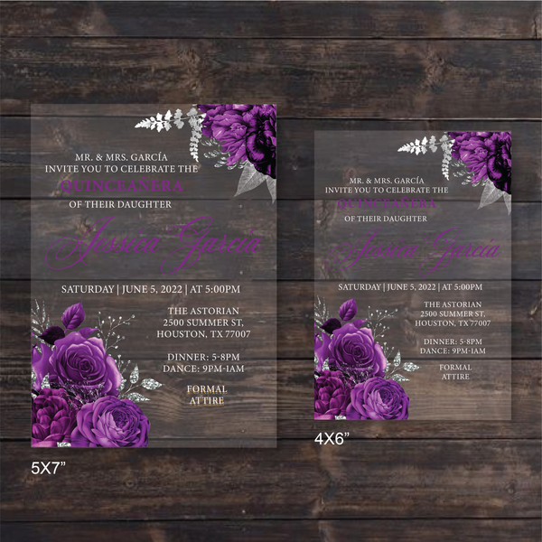 Purple and Silver Floral Acrylic Invitation