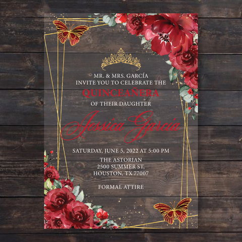 Red Floral Butterflies and Gold Geometric Acrylic Invitation