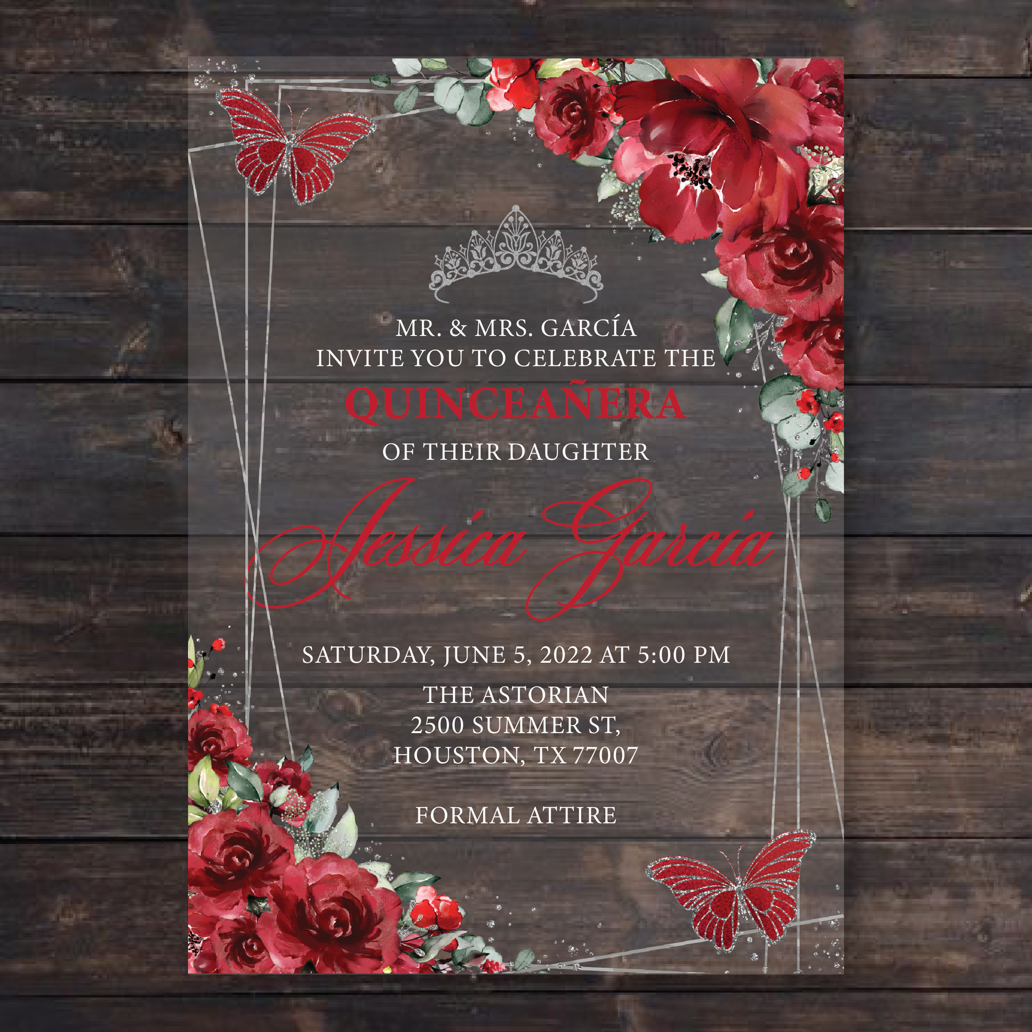 Royal Blue Floral Butterflies and Gold Geometric Acrylic Invitation –  Invitations by Luis Sanchez