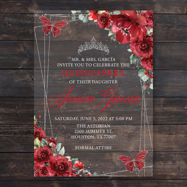 Red Floral Butterflies and Silver Geometric Acrylic Invitation