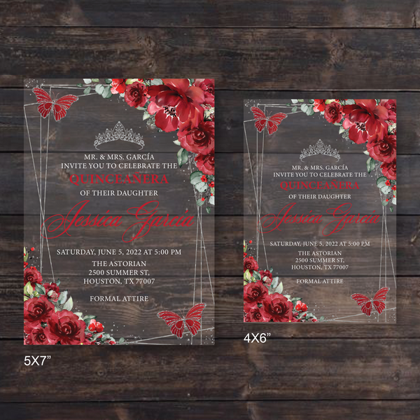 Red Floral Butterflies and Silver Geometric Acrylic Invitation