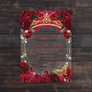 Red Floral Frame with Gold Crown Acrylic Invitation
