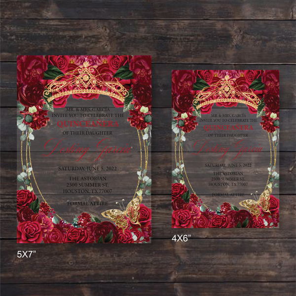 Red Floral Frame with Gold Crown Acrylic Invitation