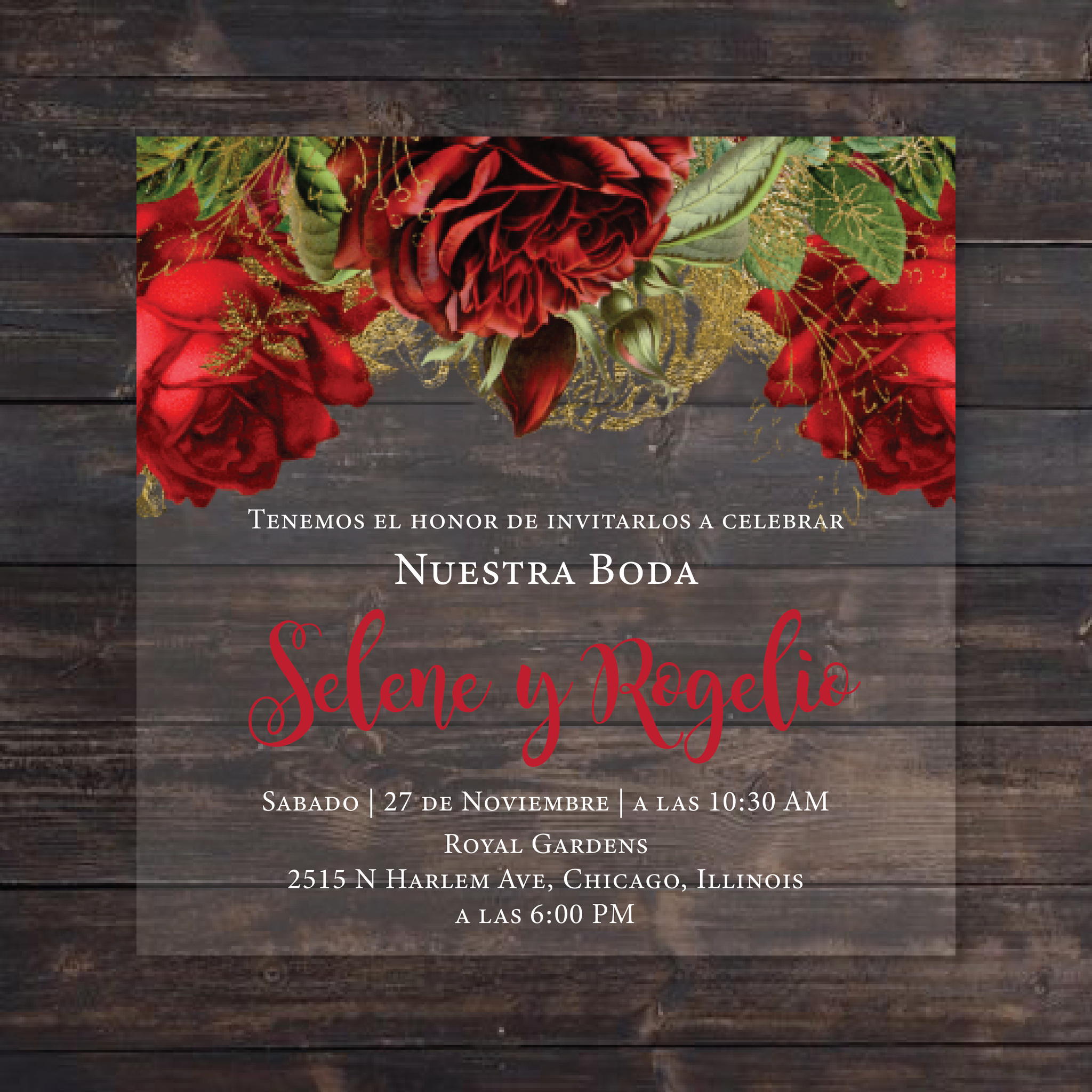 Red Floral and Gold Square Acrylic Invitation