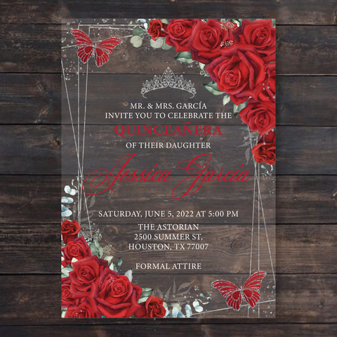 Red Roses Butterflies and Silver Geometric Acrylic Invitations