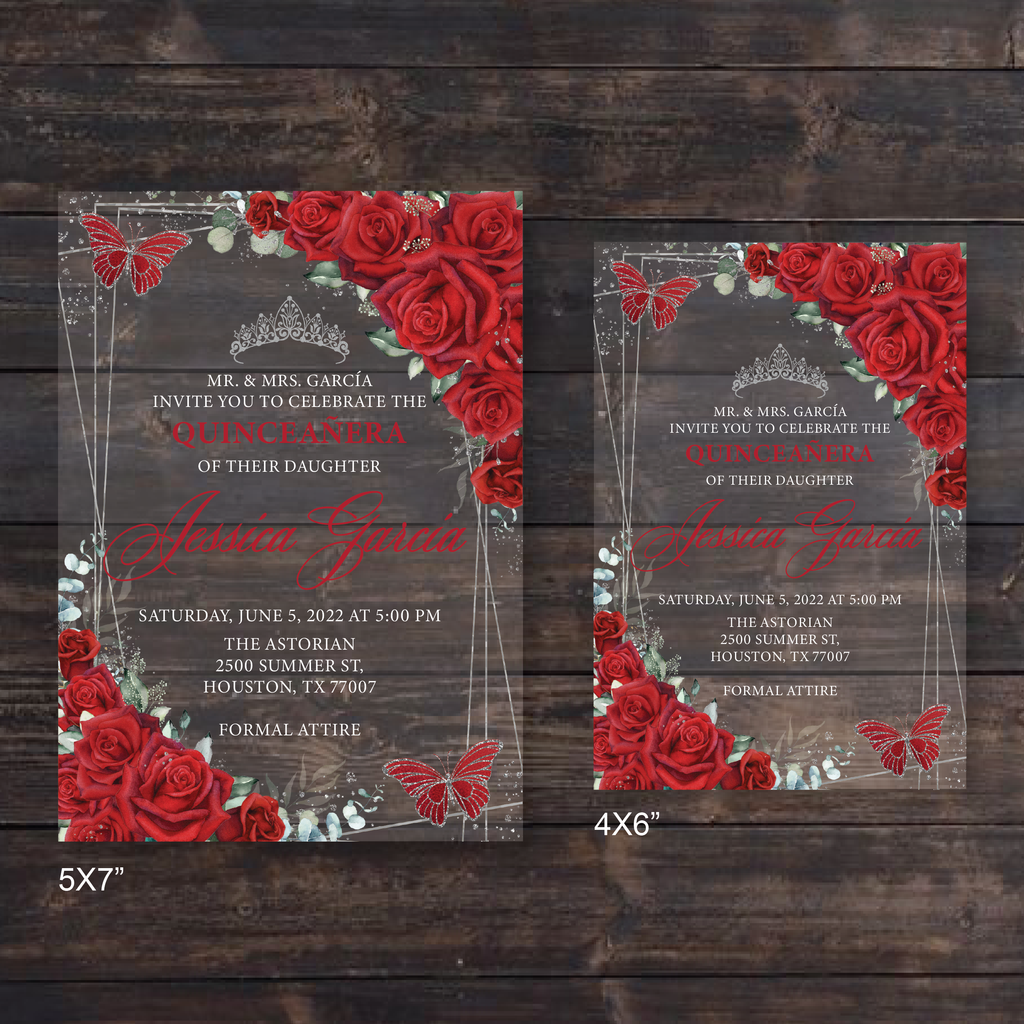 Red Roses For Invitations Red Roses Butterflies and Silver Geometric Acrylic Invitations ...