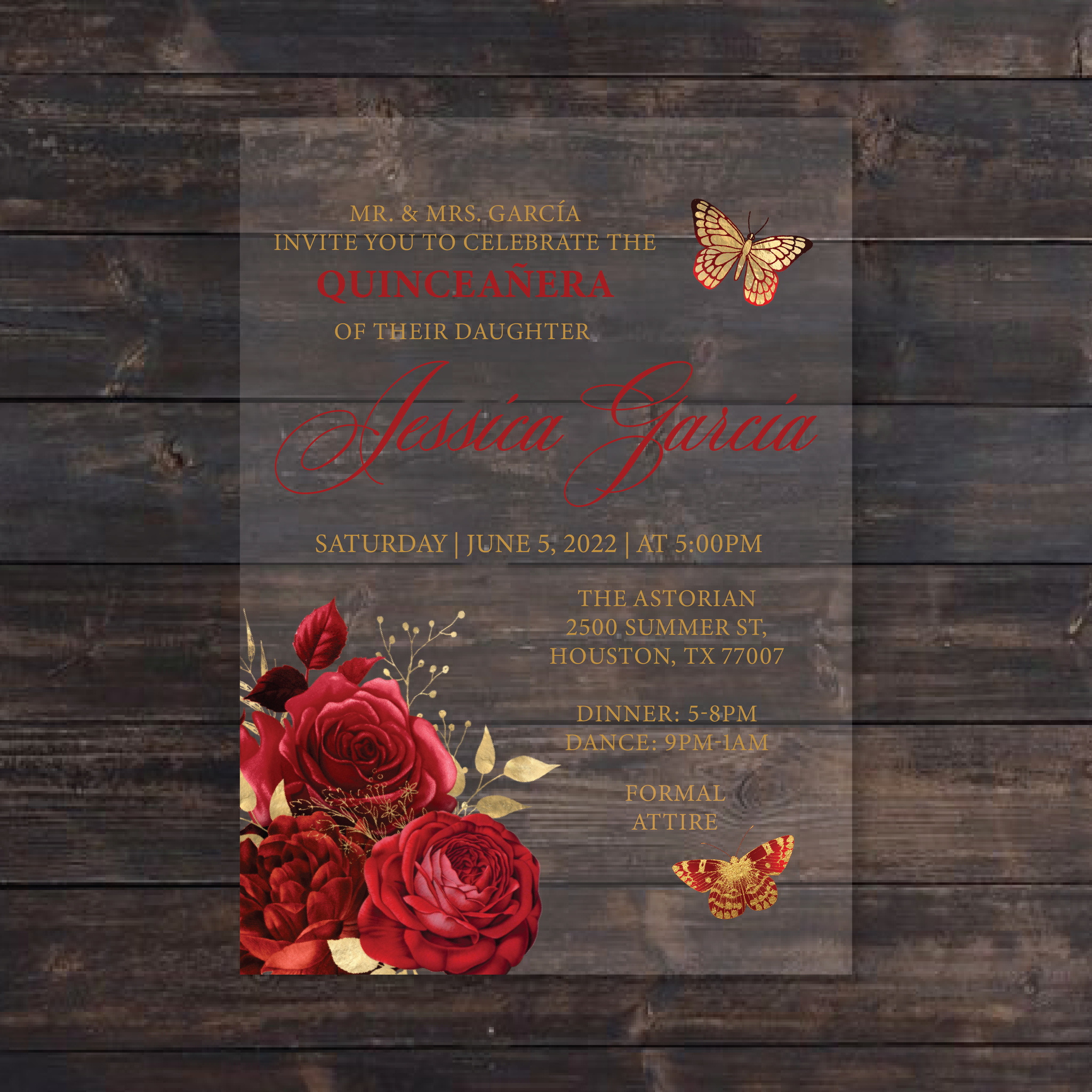 Red and Gold Floral Butterlies Acrlic Invitation