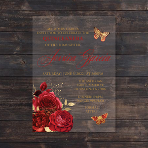Red and Gold Floral Butterlies Acrlic Invitation