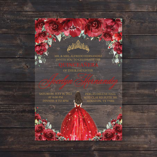 Red and Gold Quinceanera Dress Acrylic Invitation