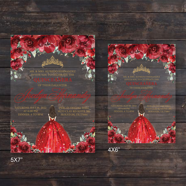 Red and Gold Quinceanera Dress Acrylic Invitation