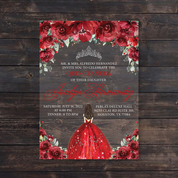 Red and Silver Quinceanera Dress Acrylic Invitation