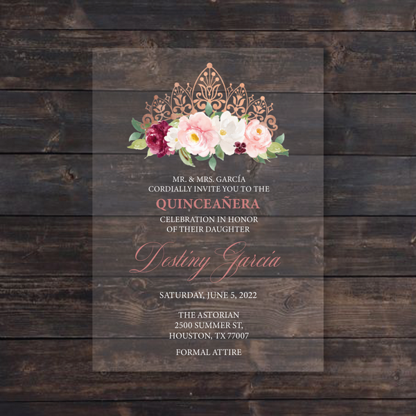 Rose Gold Crown with Burgundy and Blush Florals Acrylic Invitation