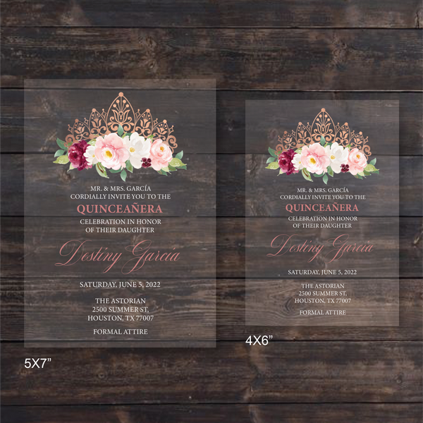 Rose Gold Crown with Burgundy and Blush Florals Acrylic Invitation