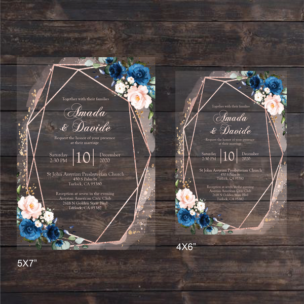 Blush Pink Rose Gold & Royal Blue Floral Acrylic Invitation