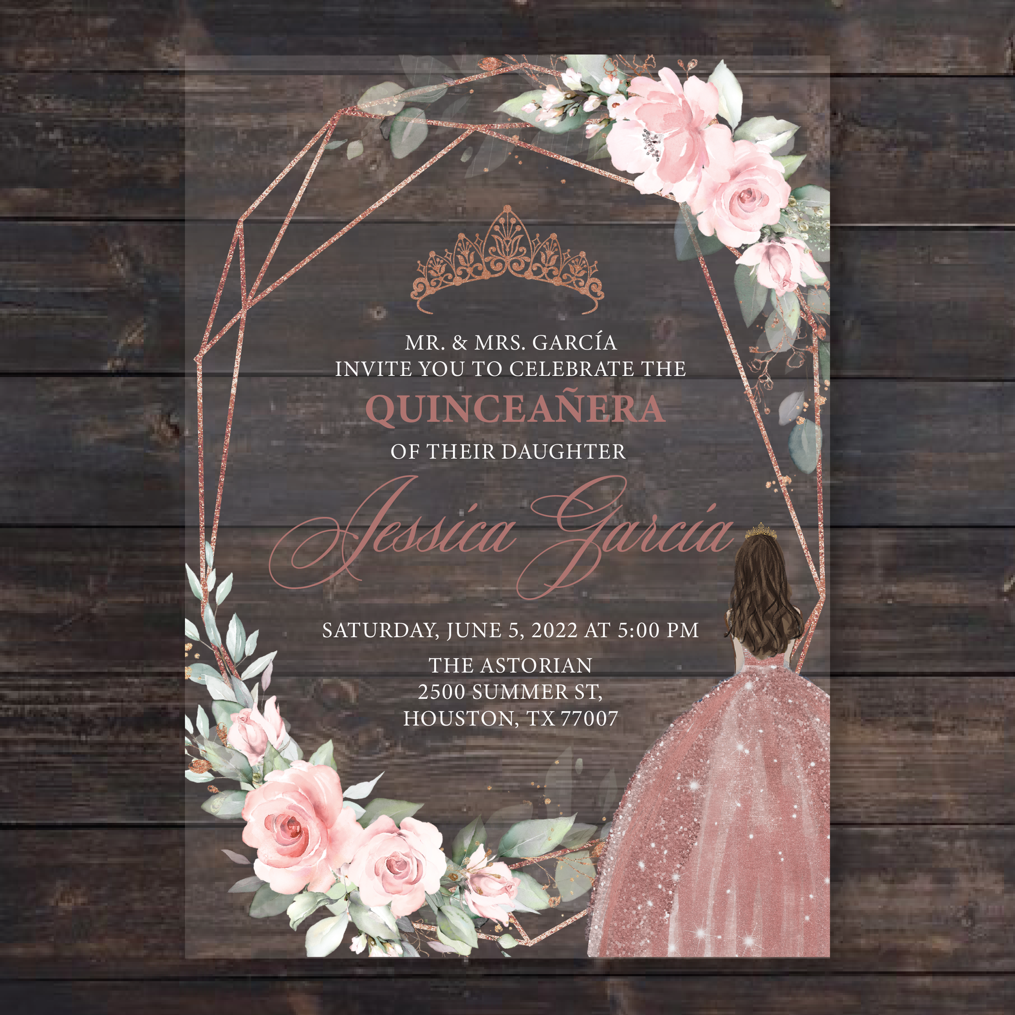 Rose Gold and Pink Floral Acrylic Quinceanera Invitation – Invitations by  Luis Sanchez