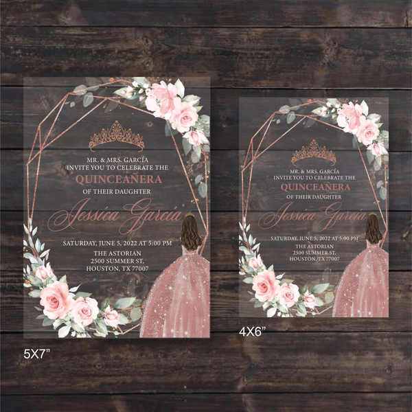 Rose Gold and Pink Floral Acrylic Quinceanera Invitation