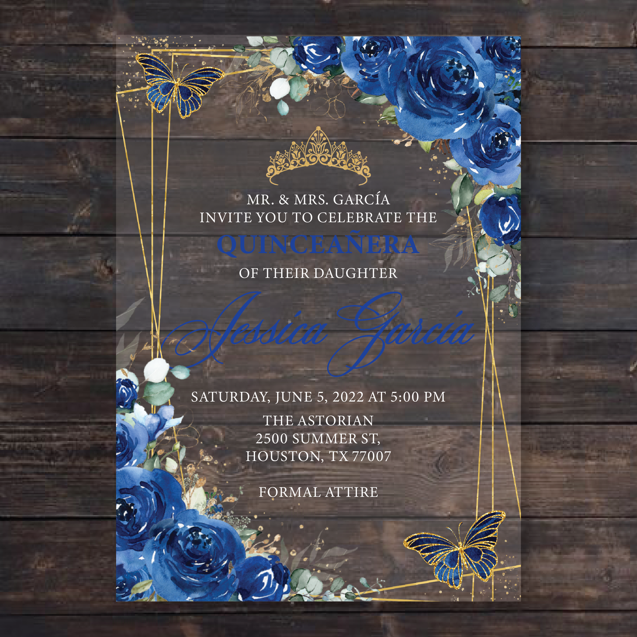 Royal Blue Floral Butterflies and Gold Geometric Acrylic Invitation –  Invitations by Luis Sanchez