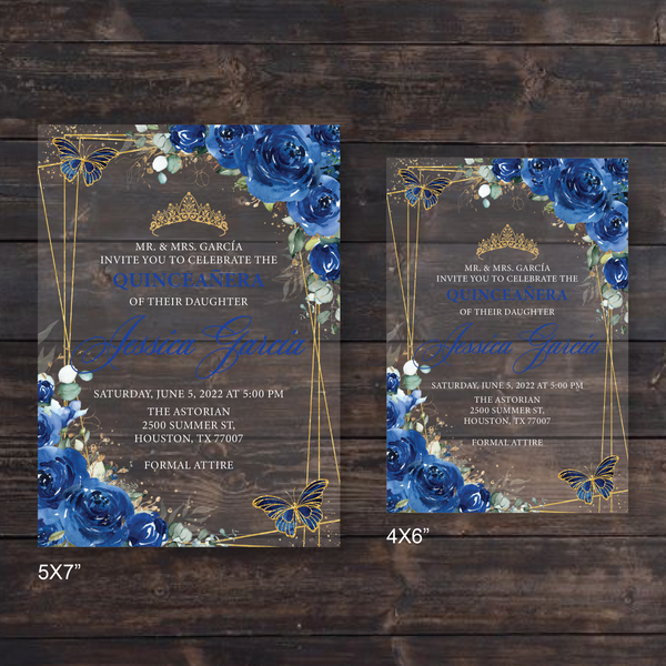 Royal Blue Floral Butterflies and Gold Geometric Acrylic Invitation