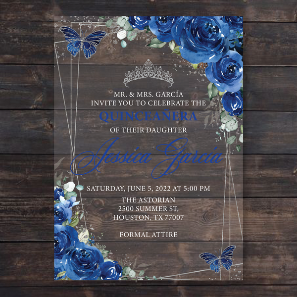 Royal Blue Floral Butterflies and Silver Geometric Acrylic Invitations