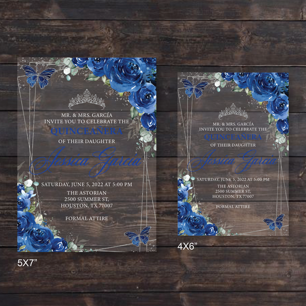 Royal Blue Floral Butterflies and Silver Geometric Acrylic Invitations