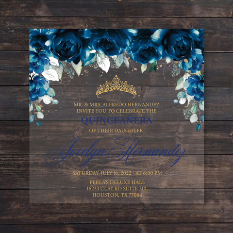 Royal Blue Floral and Gold Square Acrylic Invitation