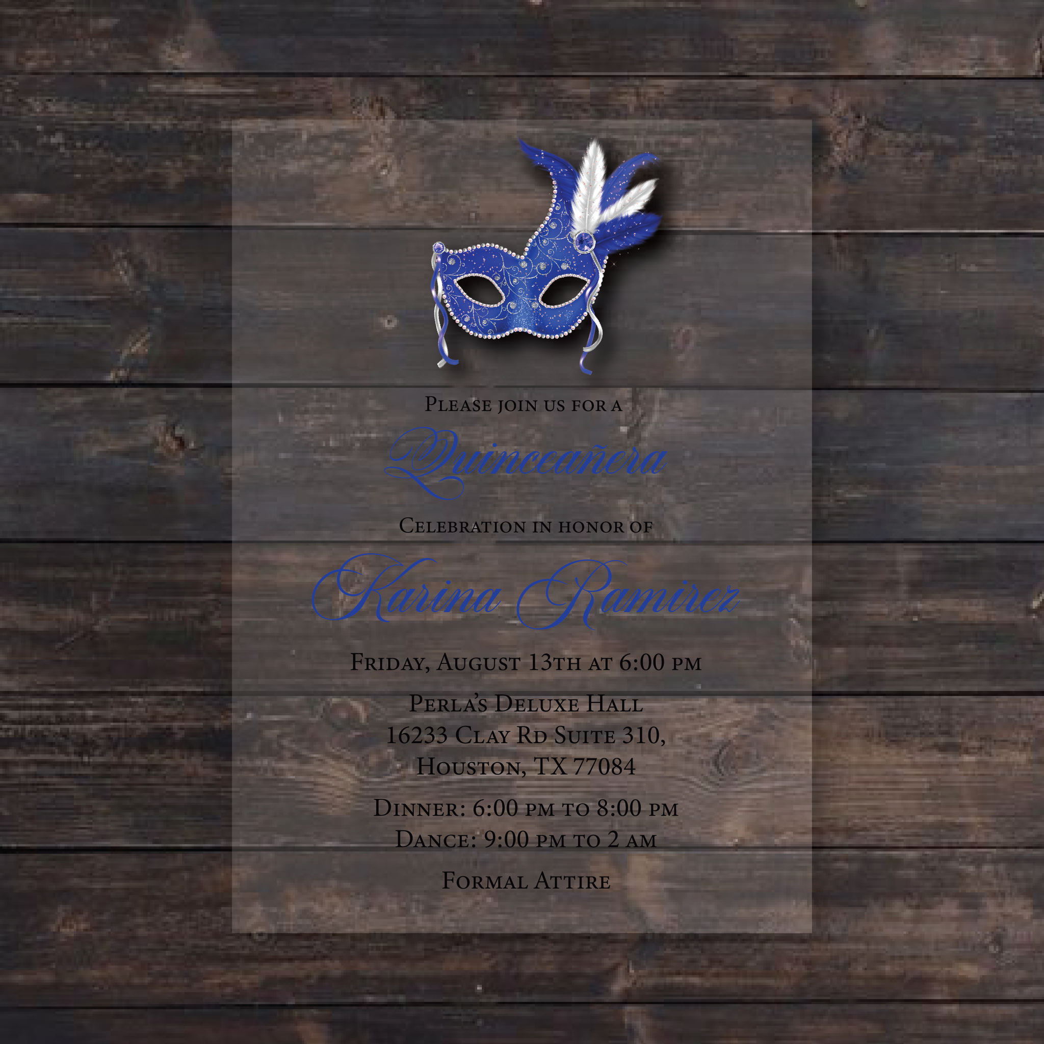 Royal Blue Masquerade Acrylic Invitation