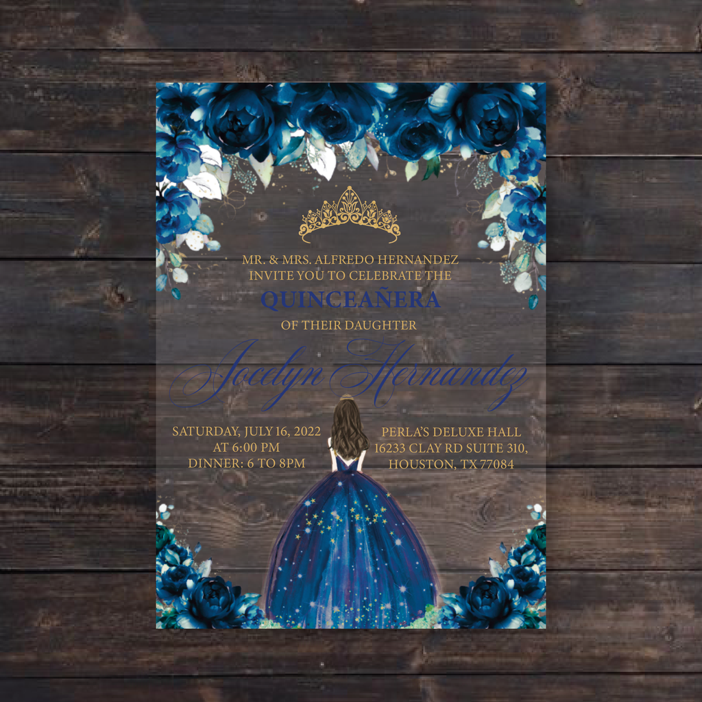 Royal Blue and Gold Quinceanera Dress Acrylic Invitations Invitations by Luis Sanchez Royal Blue and Gold Quinceanera Dress Acrylic Invitations Invitations by Luis Sanchez