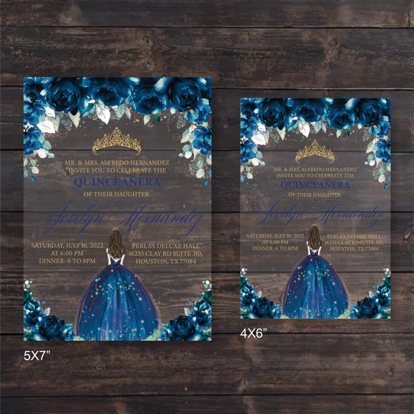 Royal Blue and Gold Quinceanera Dress Acrylic Invitations