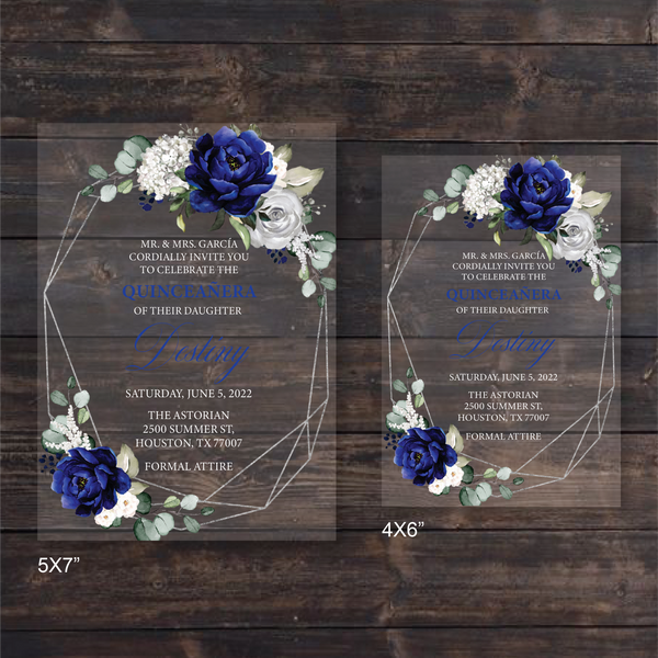 Royal Blue and Silver Floral Acrylic Invitation