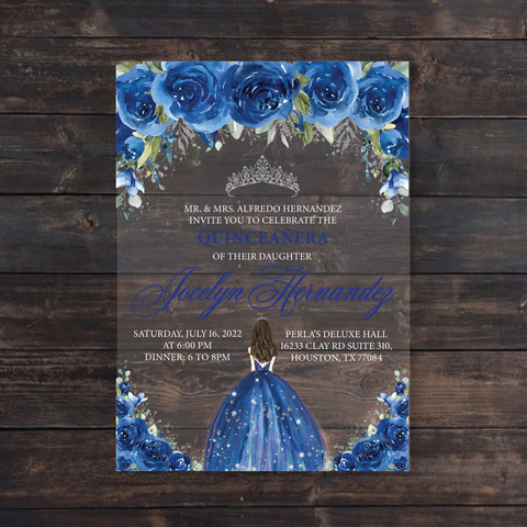 Royal Blue and Silver Quinceanera Dress Acrylic Invitation