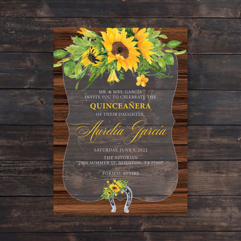 Rustic Sunflowers Wood Frame Acrylic Invitation