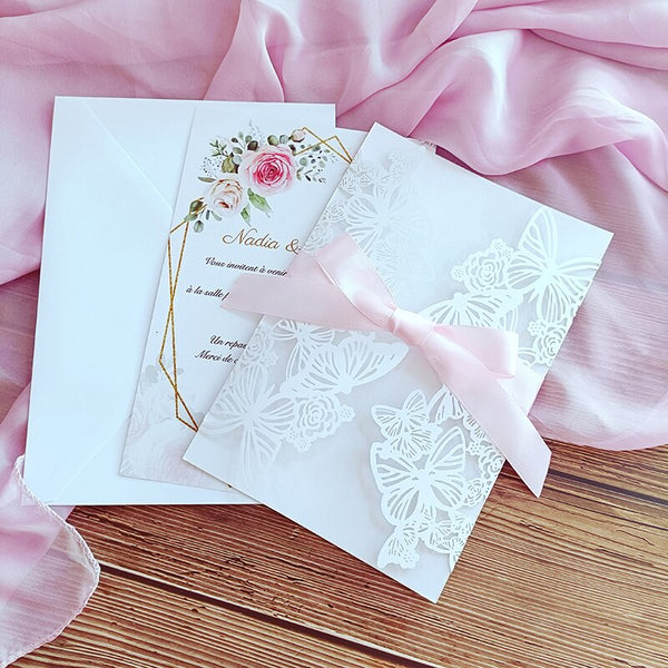 Floral Butterfly with Ribbon Laser Cut Invitation