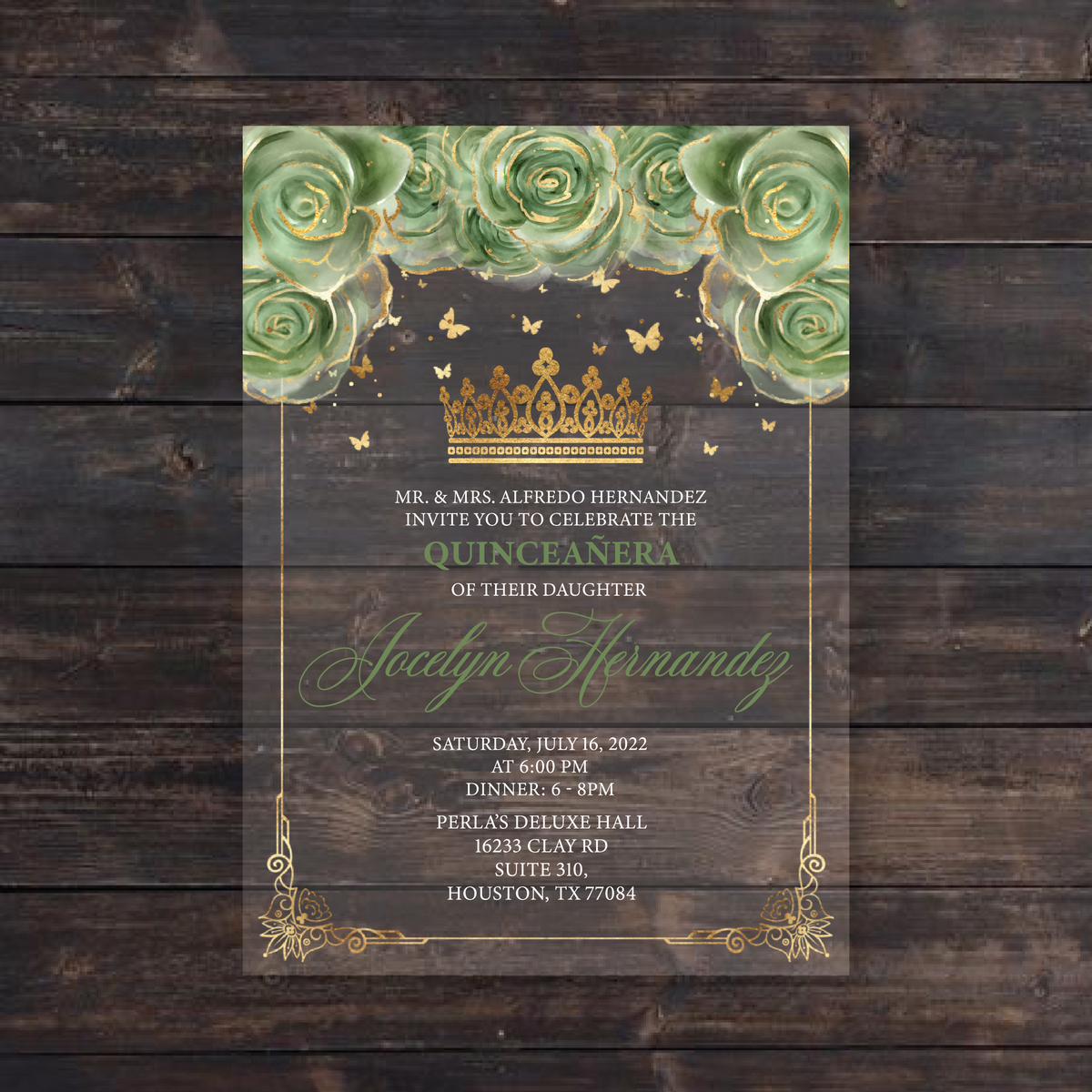 Sage Green Floral and Gold Acrylic Invitation Invitations by Luis Sanchez