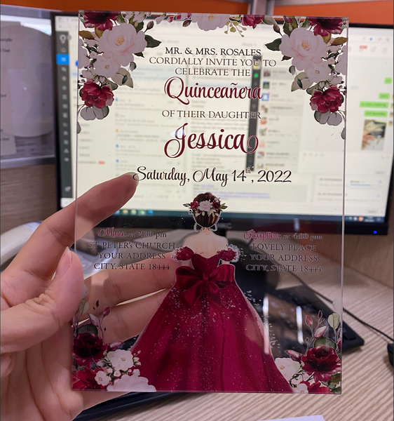 Burgundy Floral Frame Quinceanera Acrylic Invitation