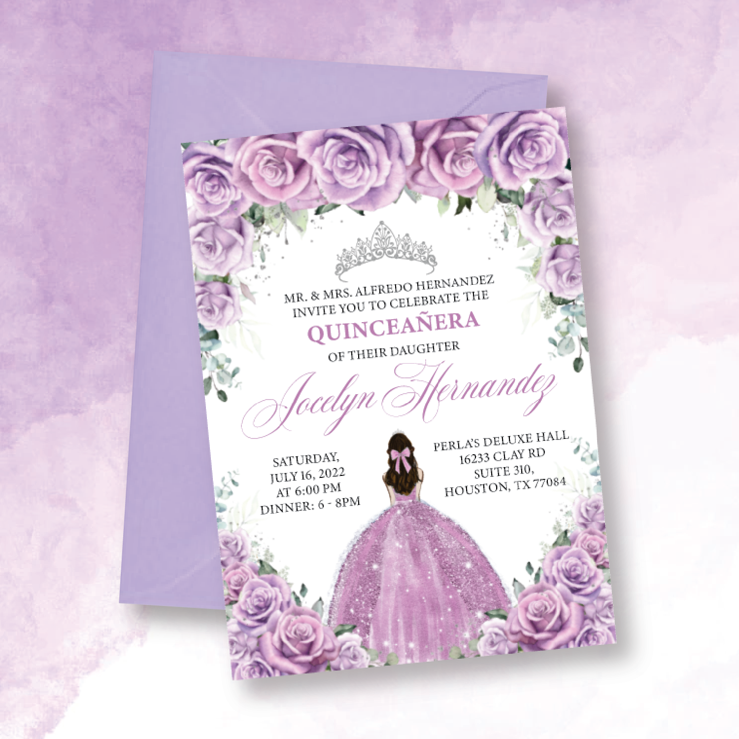 Light Purple Floral Roses & Silver Crown Quinceanera 5X7 Cardstock Invitation