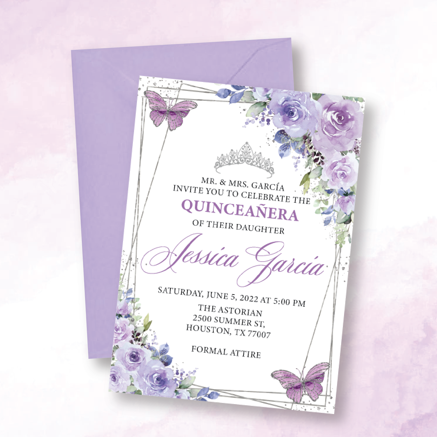 Light Purple Floral Butterflies and Silver Geometric 5X7 Cardstock Invitation
