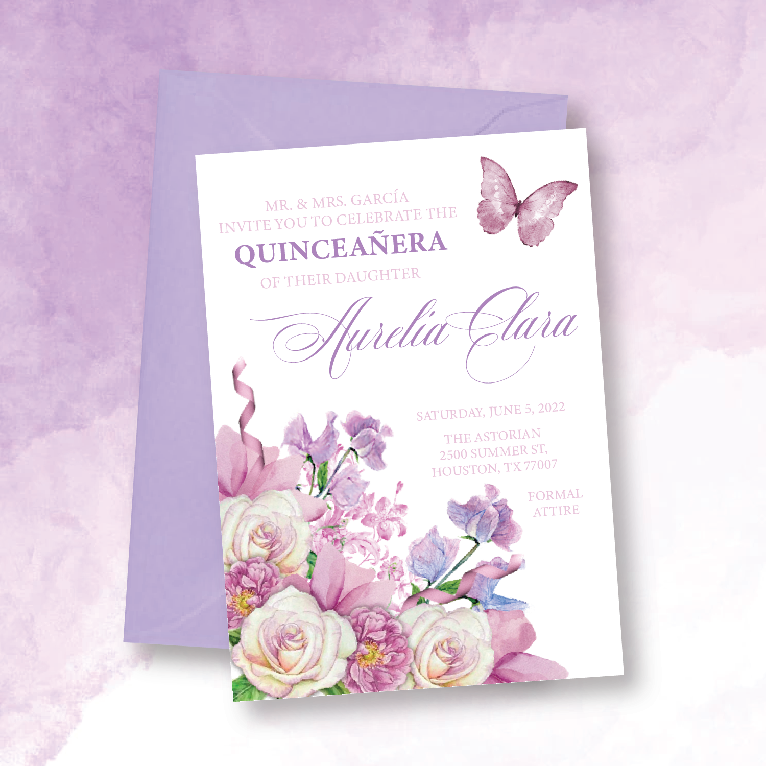 Pink and Purple Floral Butterfly 5X7 Cardstock Invitation