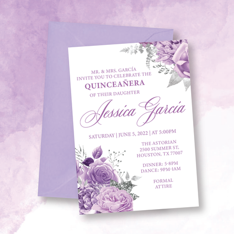 Light Purple and Silver Floral 5X7 Cardstock Invitation