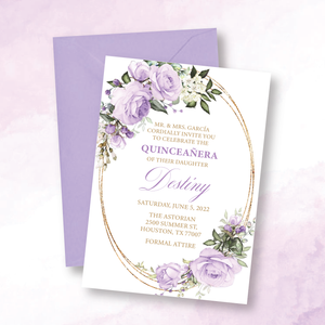 Lilac Florals with Gold Round Frame 5X7 Cardstock Invitation