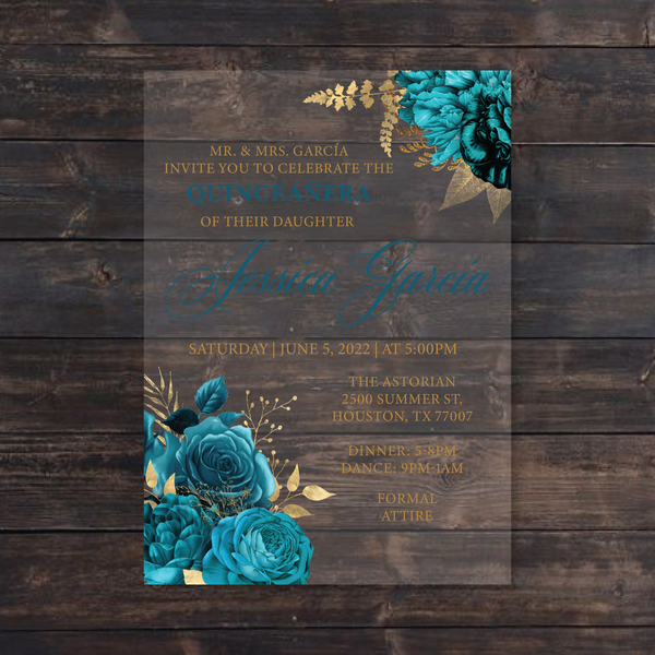 Turquoise Teal and Gold Floral Acrylic Invitation