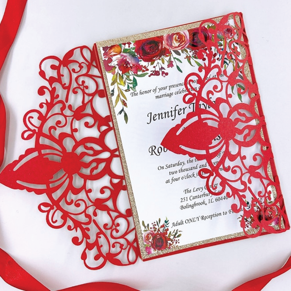 Red and Gold Trim with Ribbon Laser Cut Invitation
